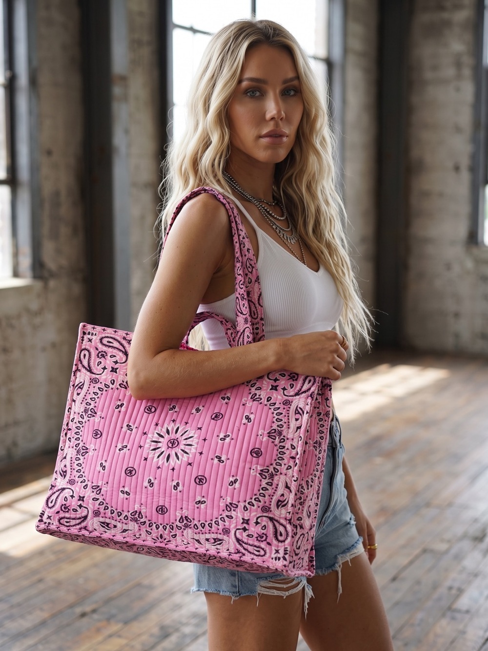 Panache Bandana Paisley Boho Western Quilted Tote Bag Weekender Pink Handbag - Picture 4 of 8